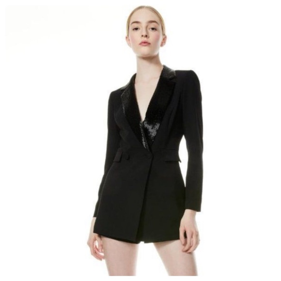ALICE + OLIVIA Kyrie Beaded Collar Tuxedo Romper - Picture 7 of 11